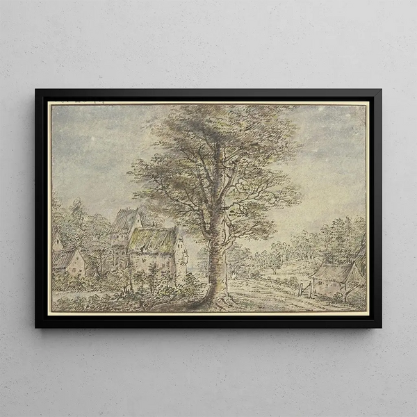 Village View with a Tree in the Center - Lucas van Uden — framed artwork on a wall