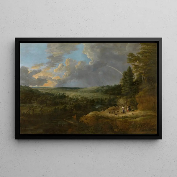Landscape Painting with a Rainbow - Lucas van Uden — framed artwork on a wall