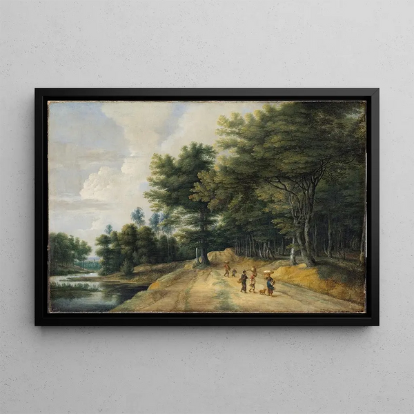 Landscape painting with a road through a beech forest - Lucas van Uden — framed artwork on a wall