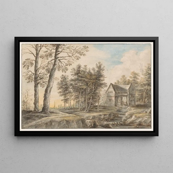 Landscape Painting with a Water Mill - Lucas van Uden — framed artwork on a wall