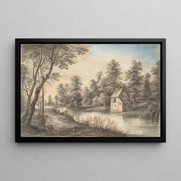 Landscape painting with a house by a riverbank - Lucas van Uden — framed artwork on a wall