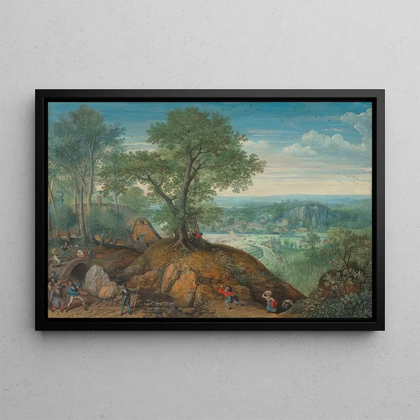 a vast landscape with plundering soldiers - Lucas van Valckenborch — framed artwork on a wall