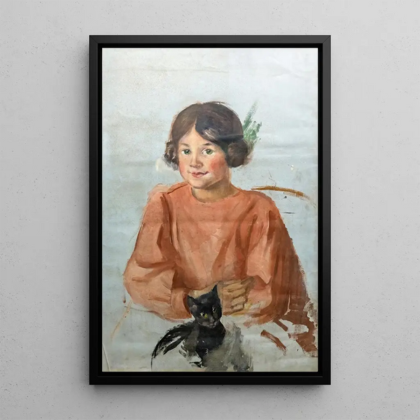 Little girl with cat - Luce Boyals — framed artwork on a wall
