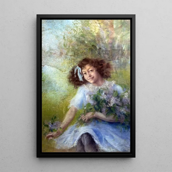 Young girl with bouquet - Luce Boyals — framed artwork on a wall
