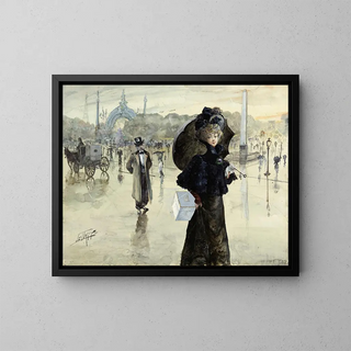 Trottin sur la place de la Concorde par temps de pluie - Lucien Gilbert Darpy — framed artwork on a wall