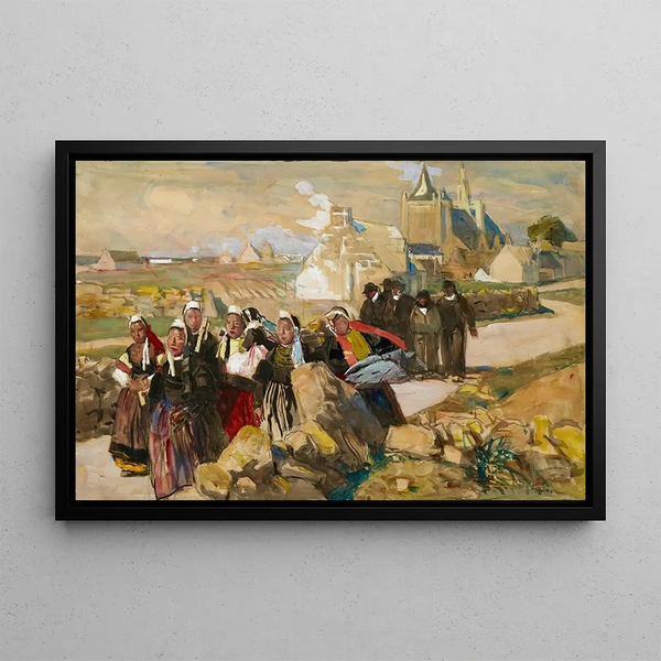 Sortie de messe en Bretagne - Lucien Simon — framed artwork on a wall