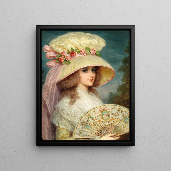 a lady with a pink hat and a fan - Lucius Rossi — framed artwork on a wall
