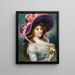 Portrait of a lady with a purple hat and roses - Lucius Rossi — framed artwork on a wall