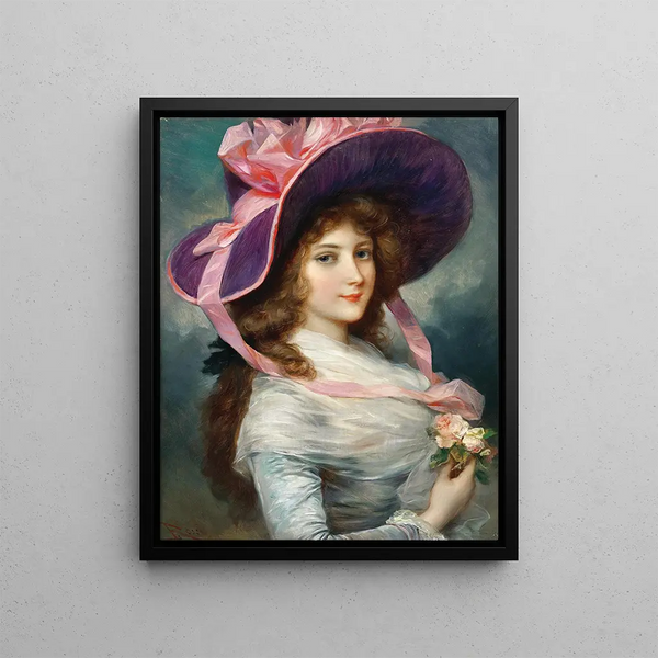 Portrait of a lady with a purple hat and roses - Lucius Rossi — framed artwork on a wall
