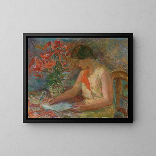 Woman reading - Lucjan Adwentowicz — framed artwork on a wall