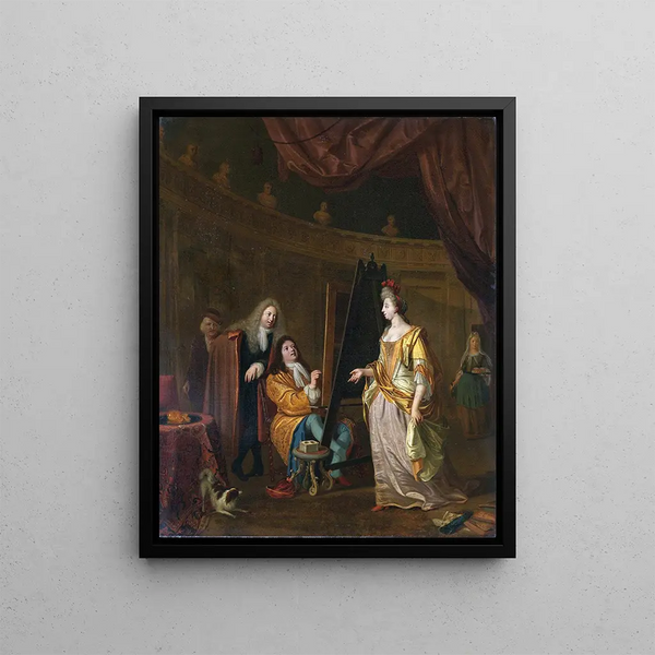 An artist in his studio painting the portrait of a lady - Ludolf Bakhuizen — framed artwork on a wall