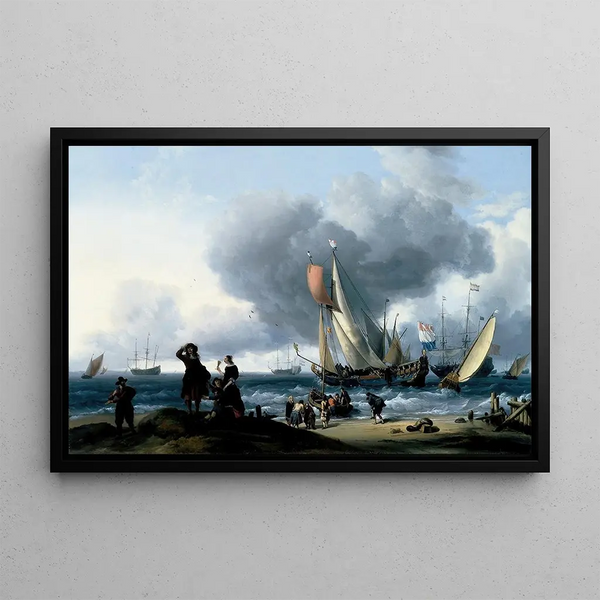 Dutch Painting featuring a yacht - Ludolf Bakhuizen — framed artwork on a wall
