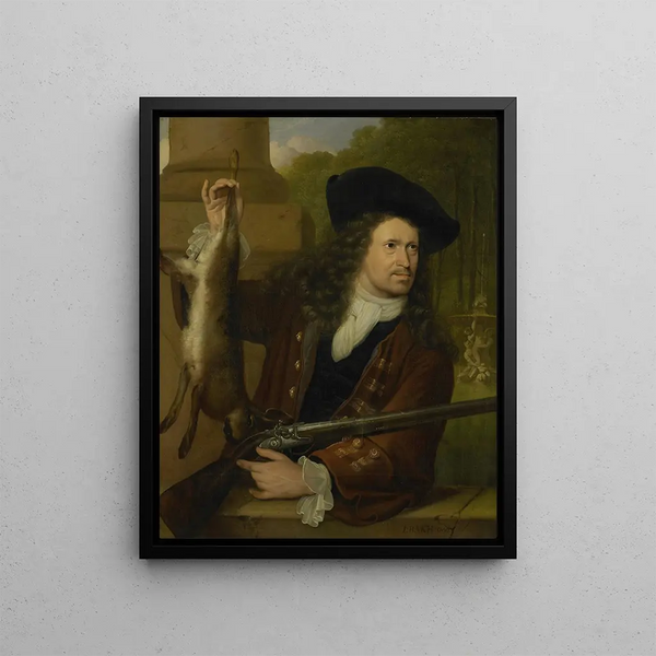 Jan de Hooghe 1650-1731 Anna de Hooghe's Cousin dressed for the shoot - Ludolf Bakhuizen — framed artwork on a wall