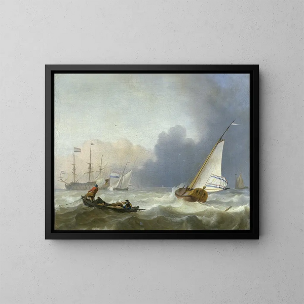 a rough sea with a Dutch yacht - Ludolf Bakhuizen — framed artwork on a wall