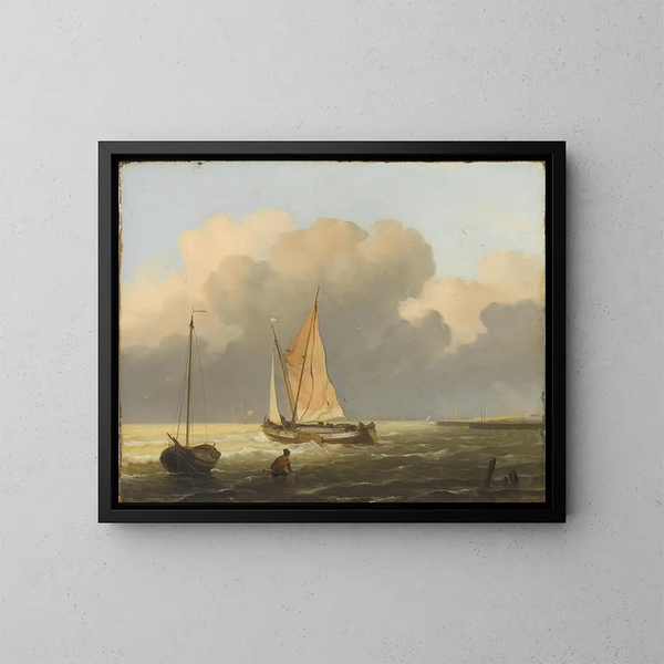 Marine painting with a sailing barge - Ludolf Bakhuizen — framed artwork on a wall