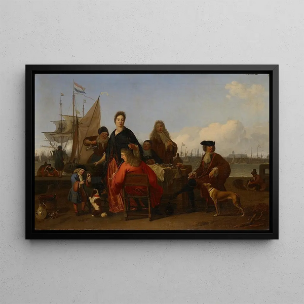 The Bakhuysen and de Hooghe families dining at the Mosselsteiger, mussel quay on the Y Amsterdam Ludolf Bakhuysen 1702 - Ludolf Bakhuizen — framed artwork on a wall
