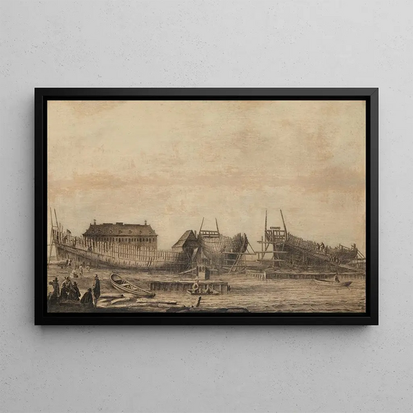 The Admiralty Shipyard in Amsterdam - Ludolf Bakhuizen — framed artwork on a wall