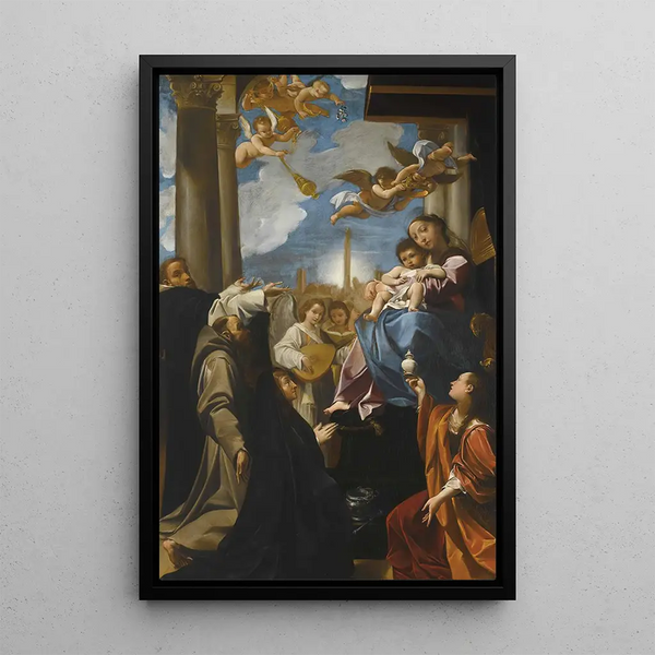 The Virgin and Child in Majesty with Angels, Saint Dominic, Saint Francis, Madeleine, and a Donor, the Madonna Bargellini - Ludovico Carracci — framed artwork on a wall