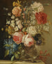 a Still life with roses, a daffodil, and other flowers in a glass vase on a stone ledge - Ludovico Stern — artwork view