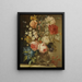 a Still life with roses, a daffodil, and other flowers in a glass vase on a stone ledge - Ludovico Stern — framed artwork on a wall