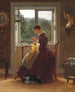 Interior painting with a woman sitting while sewing in front of the window while reading a letter - Ludvig August Smith — artwork view