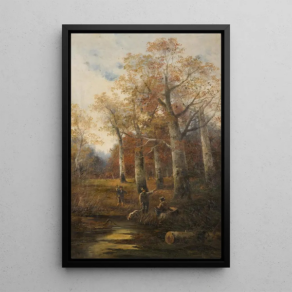 Autumn landscape with hunters - Ludvík Bartók — framed artwork on a wall