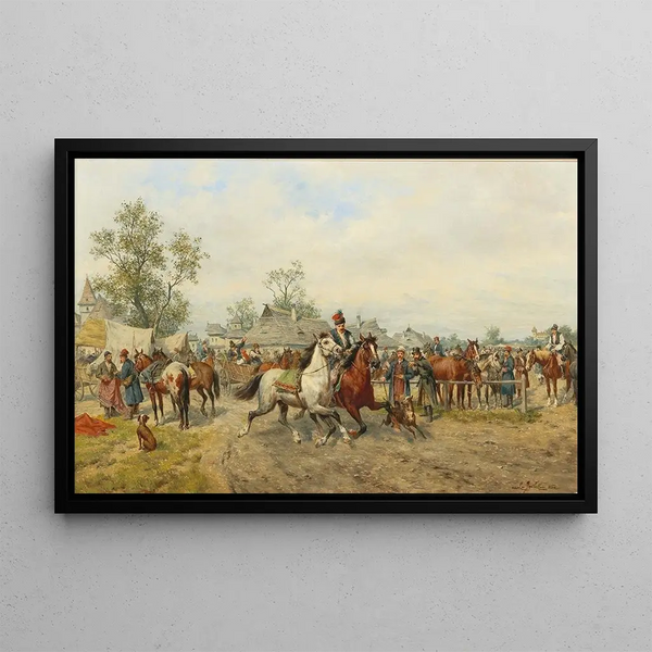 Horse Market Painting in Poland - Ludwig Gedlek — framed artwork on a wall