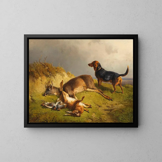 Gibier abattu et chien de chasse - Ludwig Gustav Voltz — framed artwork on a wall