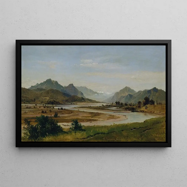La Vallée de l'Inn au sud de Rosenheim, vallée alpine avec méandre - Ludwig Halauska — framed artwork on a wall
