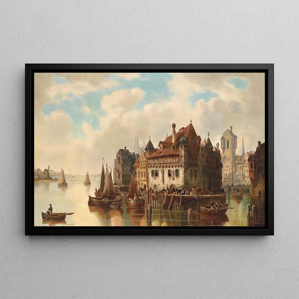City by the Riverbank - Ludwig Hermann — framed artwork on a wall