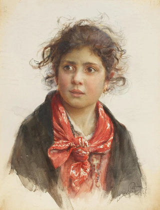 Ludwig Johann Passini - Bildnis eines scheuen Mdchens mit rotem Halstuch und zerzausten Locken.webp