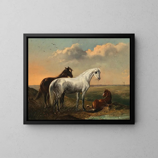 a white horse and a bay horse in a puszta landscape - Ludwig Kübler — framed artwork on a wall