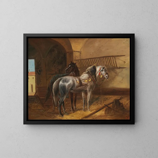 Two horses in the stable - Ludwig Kübler — framed artwork on a wall
