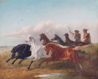 Two young Hungarian riders drive wild horses in front of them in the Puszta - Ludwig Kübler — artwork view