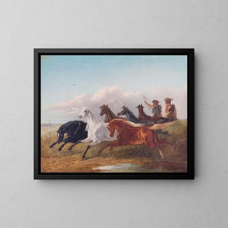 Two young Hungarian riders drive wild horses in front of them in the Puszta - Ludwig Kübler — framed artwork on a wall