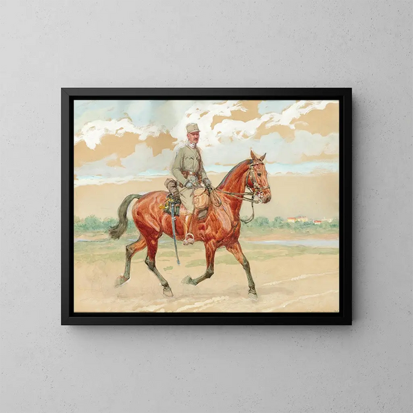 a soldier on horseback in a river landscape - Ludwig Koch — framed artwork on a wall