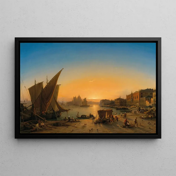 Venice painting, view of the Bacino di San Marco from the Riva degli Schiavoni with the Doge's Palace on the right, Santa Maria della Salute in the background - Ludwig Mecklenburg — framed artwork on a wall