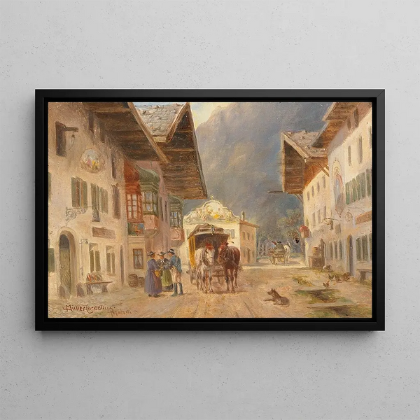 Arrival of the stagecoach in Mittenwald - Ludwig Müller-Cornelius — framed artwork on a wall