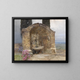 Fontaine dans un paysage italien - Ludwig Rüsch — framed artwork on a wall