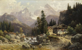 Alpine landscape painting with mill building - Ludwig Sckell — artwork view