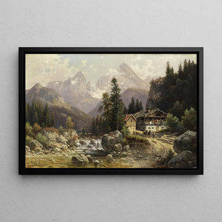 Alpine landscape painting with mill building - Ludwig Sckell — framed artwork on a wall
