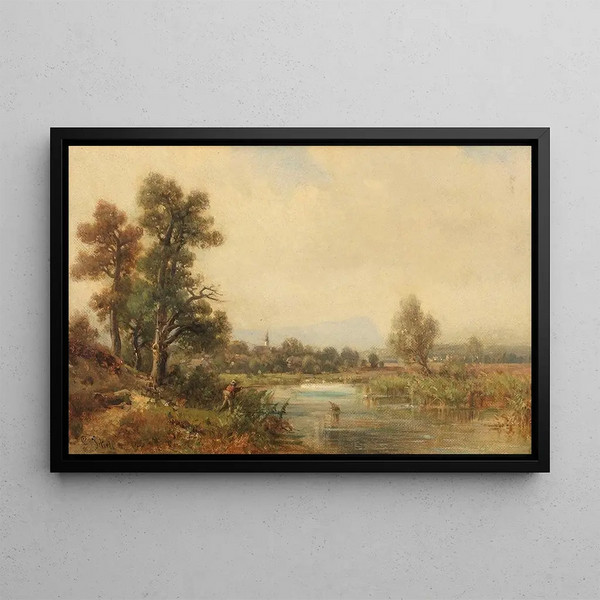 Small river scene painting - Ludwig Sckell — framed artwork on a wall