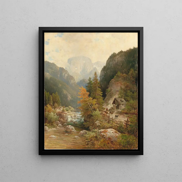 Berger et troupeau sur le chemin près d'un torrent - Ludwig Sckell — framed artwork on a wall