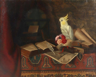 Still life with books and a cockatoo - Ludwig Valenta — artwork view
