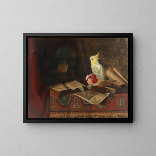 Still life with books and a cockatoo - Ludwig Valenta — framed artwork on a wall