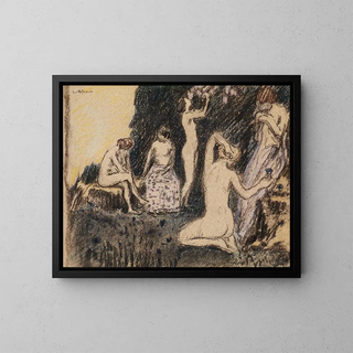 Landscape with Five Nude Women - Ludwig von Hofmann — framed artwork on a wall