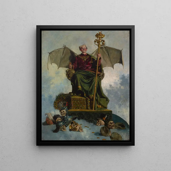 Stasiak’s Allegory of Satan in a black frame on a light wall