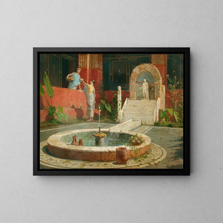 Young girls in a Roman atrium - Luigi Bazzani — framed artwork on a wall