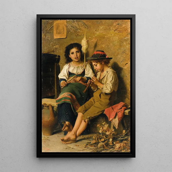 Fileuse et joueur de flûte - Luigi Bechi — framed artwork on a wall