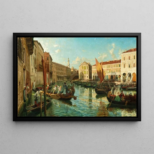 Venice, the Grand Canal with the Rialto Market in the morning - Luigi Ferrazzi — framed artwork on a wall
